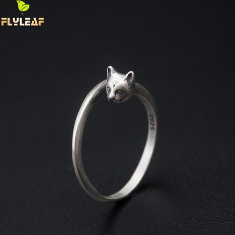 Bague en argent Sterling 925 avec tête de chat rétro pour femme, bijou Vintage, Style palais froid, fait à la main, cadeau pour dame fille, feuille de mouche ► Photo 1/5