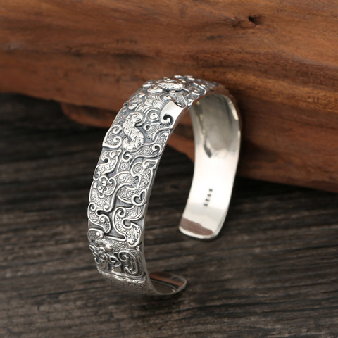 Bracelets de 19MM de large pour hommes, accessoire ethnique ouvert, sculpté Dragon, bijoux bouddhistes, en argent Sterling 925 ► Photo 1/6