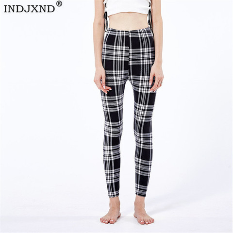 INDJXND noir blanc Plaid femmes Leggings mode Plaid impression Legging Fitness Leggins grille fleur rayure pantalon taille haute ► Photo 1/6