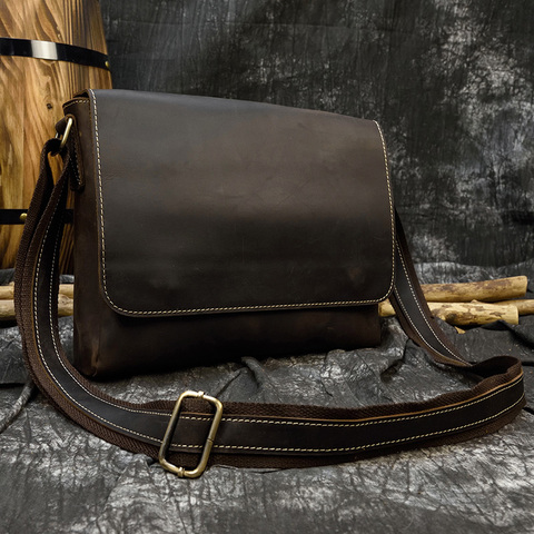 Sac de messager en cuir de cheval fou Vintage pour hommes A4 sac à bandoulière en cuir véritable iPad sac d'école en cuir de vache épais rabat magnétique ► Photo 1/6