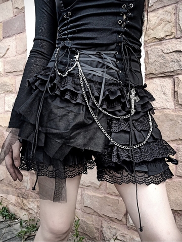 Conception originale Lolita Rock punk multi-couche dentelle pantalon jupe ruban foncé été hiver japonais gothique noir maille mini jupe ► Photo 1/6