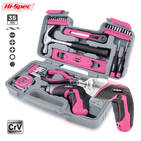 Hi-spec 35pc 4V USB tournevis électrique Li-ion rose maison bricolage ménage ensemble d'outils à main trousse à outils pour fille dame femmes ► Photo 1/4