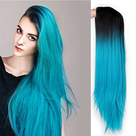 Perruque synthétique lisse et longue pour femmes, Ombre, bleu, vert, noir, rose, peut être Cosplay, résistante à la chaleur ► Photo 1/6