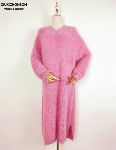 Moyenne longue robe tricotée femmes automne hiver mignon côté fente en vrac col en v synthétique vison cachemire floue pull robes dames ► Photo 1/6