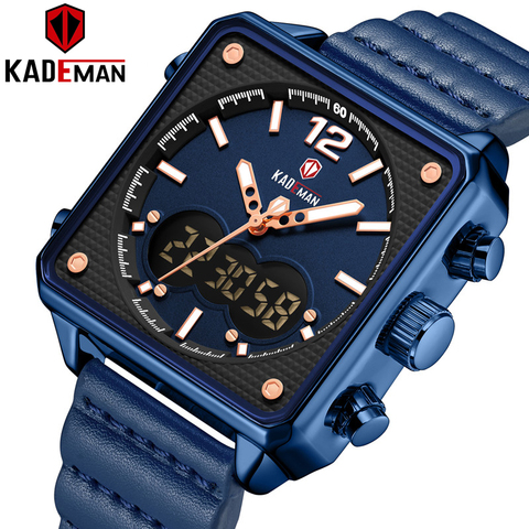 KADEMAN-montre de luxe carrée en cuir pour hommes, accessoire de Sport, Top marque, affichage numérique analogique, style militaire, LED ► Photo 1/6