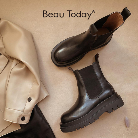 BeauToday – bottes Chelsea à plateforme pour femme, en cuir véritable de veau, à bout rond et élastique, chaussures à la cheville, mode automne hiver 03470 ► Photo 1/6