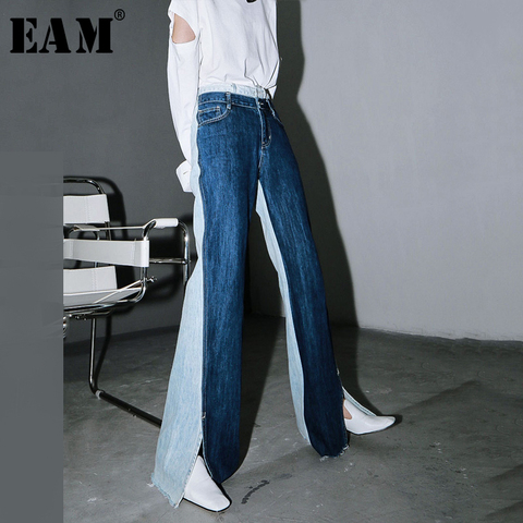 [EAM] bleu contraste couleur fendu Joint longue jambe large jean nouveau taille haute ample femmes pantalon mode printemps automne 2022 1T276 ► Photo 1/6