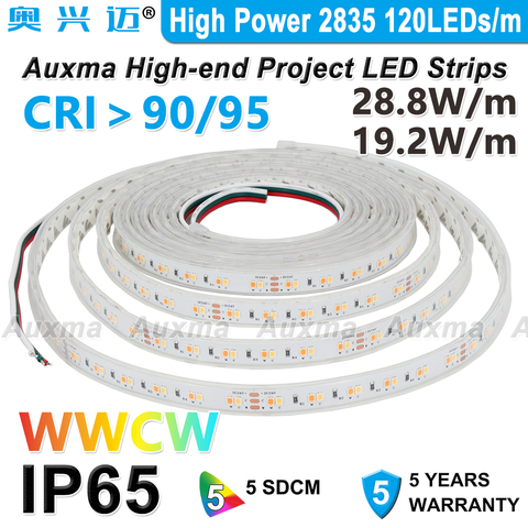 Bande LED haute puissance WWCW 2835, IP65,120 diodes/m,CRI95/90,CCT, étanche en Silicone, pour cuisine, salle de bain, balcon ► Photo 1/6