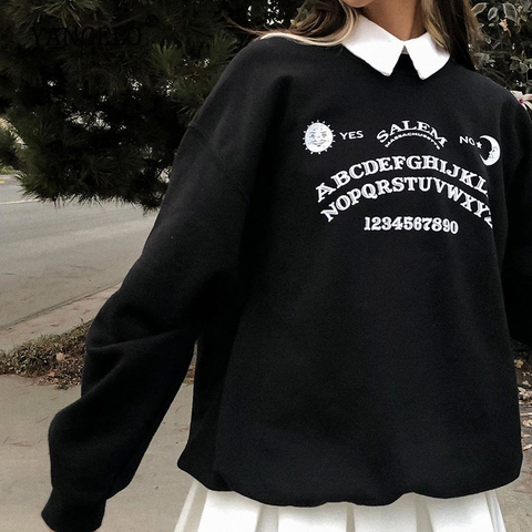 Yangelo Noir Sweat-Shirt Oversize Femmes Gothique Fille Harajuku Chic Lettre Imprimé Automne Hiver À Manches Longues Revers Hauts Pullover ► Photo 1/6