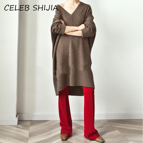 SHIJIA – pull Long pour femme, col en v, surdimensionné, ample, marron, tricoté, streetwear, automne hiver ► Photo 1/6