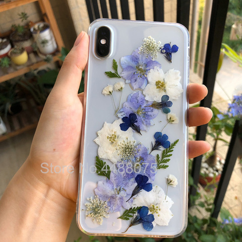 Étuis pour téléphone à fleurs réelles pressées à sec pour iPhone 12 11 Pro Max X XR XS Max 6 S SE 2022 couverture en Silicone Transparent à paillettes ► Photo 1/6