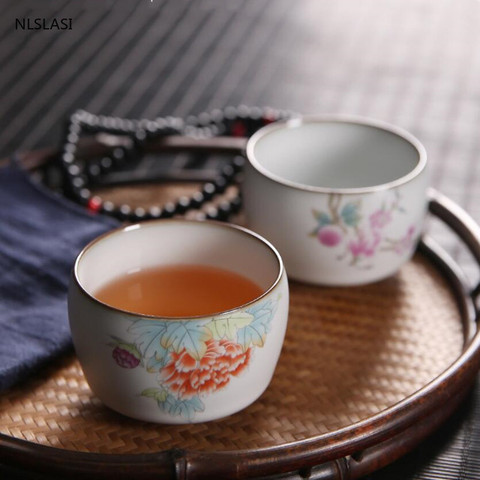 Bol à thé en céramique chinoise rétro Ru, 2 tasses à thé pièces/ensemble à motifs de fleurs et d'oiseaux, service à thé de boutique fait à la main, tasse unique ► Photo 1/6