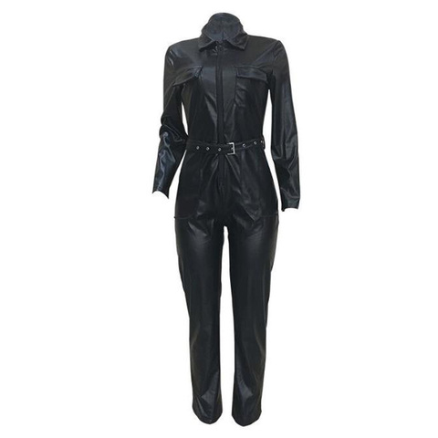 Combinaison noire en Faux cuir à manches longues pour femme, vêtement de soirée, Clubwear, combinaison moulante en cuir PU ► Photo 1/6