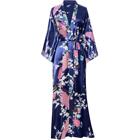 Femmes longue Robe grande taille Kimono peignoir Robe été printemps chemise de nuit vêtements de nuit nouveauté imprimer vêtements de nuit soyeux Satin maison vêtements ► Photo 1/6