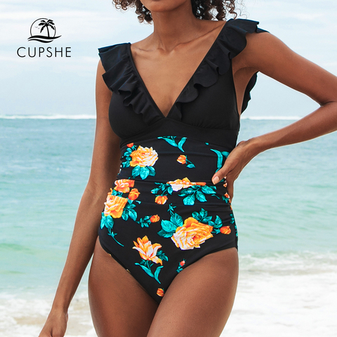 CUPSHE − maillot de bain une pièce noir, modèle Floral, col en v, à volants, Sexy, découpé, à lacets dans le dos, Monokini, vêtements de plage, pour les femmes, tendance 2022 ► Photo 1/6