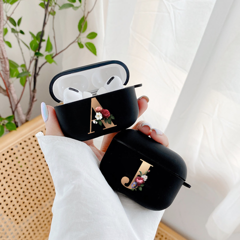 Étui à AirPods mignon de lettre d'alphabet Initial d'or florale pour des cas d'airpod Pro couverture d'écouteur de Bluetooth de silicium pour des dosettes d'air 3 Funda ► Photo 1/6