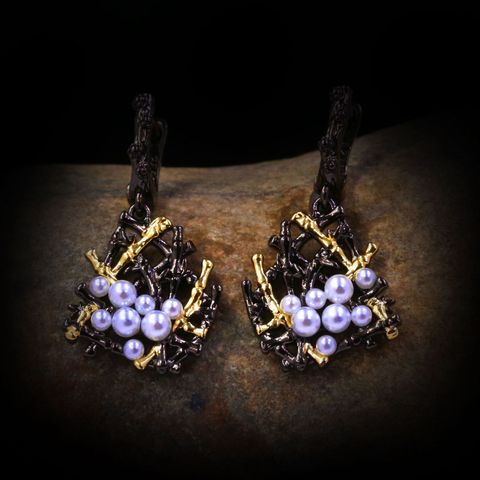 Boucles d'oreilles Vintage en perles d'eau douce, bijoux de luxe en argent 925, style Baroque géométrique irrégulier pour dames, en perles noires ► Photo 1/4