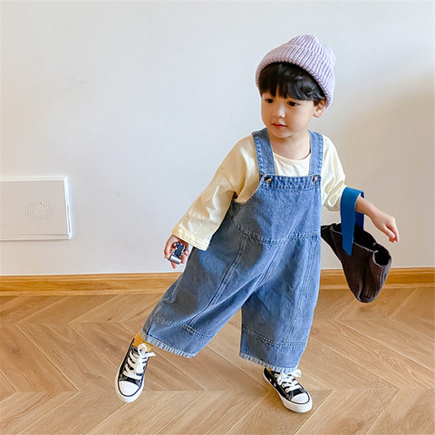 2022 nouveaux enfants salopette ample garçons filles décontracté tout-match denim pantalon automne solide Outwear 1-7Y enfants mode bavoir pantalon ► Photo 1/6