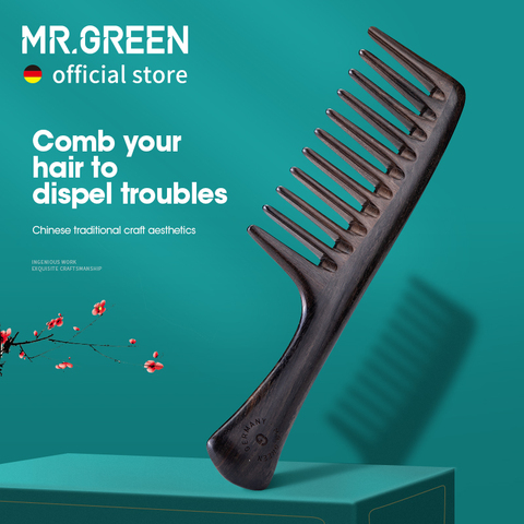 MR.GREEN – peigne en bois naturel, à dents larges, pour cheveux mouillés, coiffant, antistatique, pour cheveux longs, massage, points d'acupuncture ► Photo 1/5