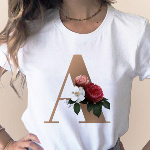 Nom personnalisé lettre combinaison femmes haute qualité impression T-shirt fleur lettre Font A B C D E F G manches courtes vêtements ► Photo 1/6