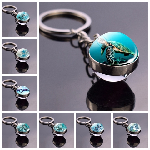 Porte-clés boule de verre, pendentif en cristal, bijoux avec tortue, dauphin, coquillages, pendentif en cristal, cadeau de noël ► Photo 1/6