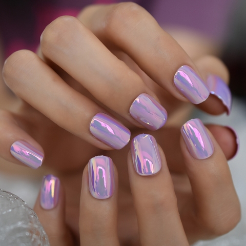 Couleur magique Holo caméléon rose violet presse sur faux ongles court faux ongles couverture complète bouts d'usure de doigt avec autocollant de colle ► Photo 1/6