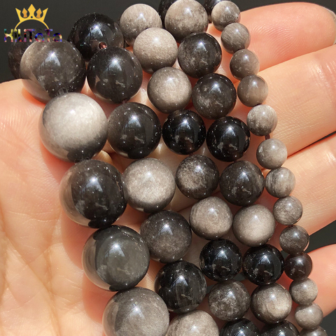 Pierre naturelle en obsidienne, couleur argent, perles rondes d'espacement, amples, pour la fabrication de Bracelets, accessoires 15 pouces, 6, 8, 10, 12mm, bijoux à bricoler soi-même ► Photo 1/6