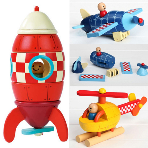 Jouets 3D en bois, démontage, hélicoptère, Puzzle de combattants de fusée, jouets en bois magnétique éducatifs, avion, pièces de rechange ► Photo 1/6