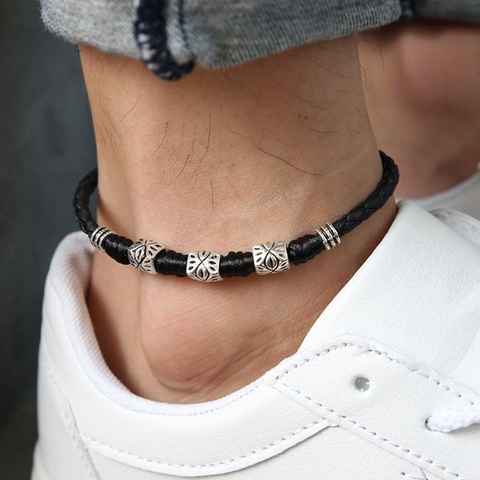 Haute section-tissé à la main en cuir corde Bracelet cheville pour hommes femmes Couple pieds bijoux rétro personnalité cheville ornements ► Photo 1/6