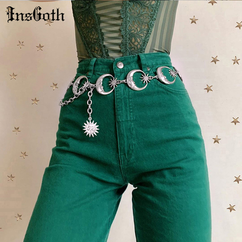 InsGoth Harajuku Punk lune métal ceintures femmes Vintage taille haute chaîne taille ceintures gothique lune soleil argent pendentif ceintures femme ► Photo 1/6