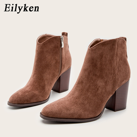 Eilyken 2022 automne Faux daim bottines femmes talon haut côté fermeture éclair haut haut empilé bloc talon court Western Cowboy chaussons ► Photo 1/6