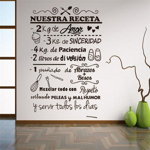 Espagnol recette Stickers muraux Nuestra Receta vinyle autocollant mural Restaurant cuisine décoration amovible mur fenêtre Stickers RU186 ► Photo 1/6