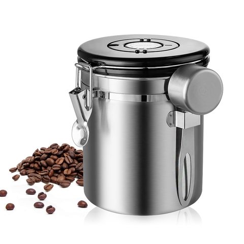 Boîte de pot de café réglé de bidon de stockage de récipient de café hermétique d'acier inoxydable avec le Scoop pour le thé de grains de café 1.5L/1.8L ► Photo 1/6