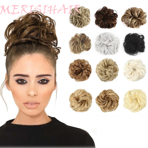 MERISIHAIR filles bouclé Scrunchie Chignon avec élastique brun gris synthétique cheveux anneau enveloppement sur désordre Chignon queues de cheval ► Photo 1/6