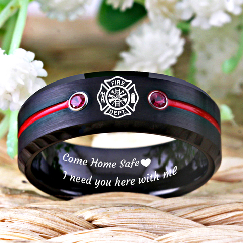 Bagues Design pompier pour hommes, bague de Police de pompier en tungstène noir, avec rainure rouge, cadeau d'anniversaire CZ ► Photo 1/6