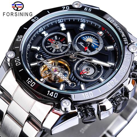 Forsining-montre mécanique pour hommes, automatique, multifonction, bracelet en acier, Tourbillon, Date, course de lune ► Photo 1/6