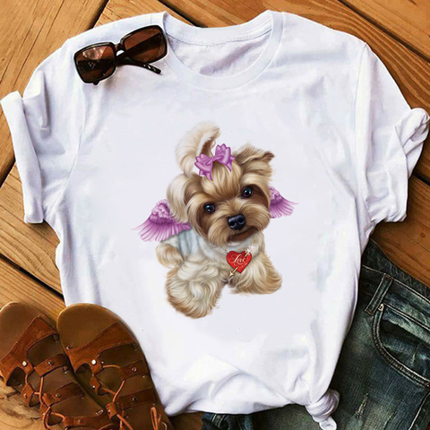 T-shirt petit Yorkshire Terrier chien Cola T-Shirt à talons hauts, t-shirt pour femmes, joli ange Youkshire imprimé Animal ► Photo 1/5