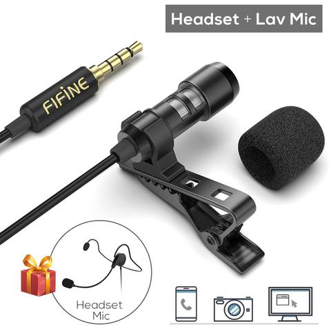 FIFINE Lavalier Microphone de revers pour téléphone portable DSLR caméra, micro casque externe pour YouTube vlog vidéo/Interview/ Podcast ► Photo 1/6