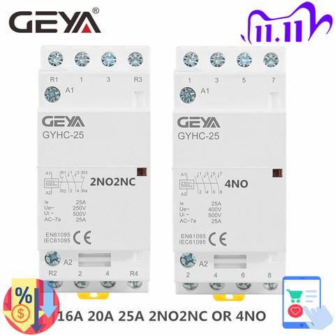 GEYA GYHC 4P 16A 20A 25A 220V/230V 50/60HZ Din rail ménage AC contacteur modulaire 4NO ou 2NO2NC ► Photo 1/6