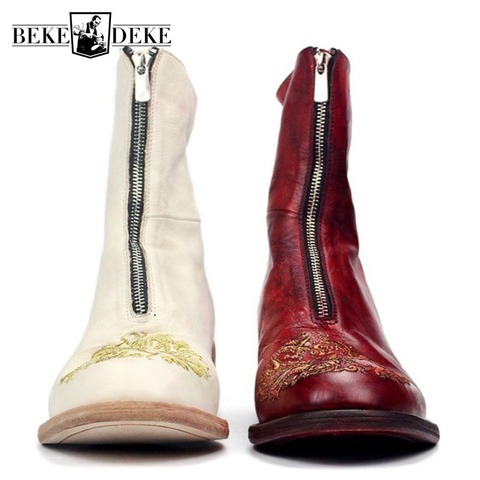 Bottes d'équitation à talons hauts pour hommes, bottes de course en cuir véritable, bottines à bloc en cuir de vache, faites à la main, nouvelles chaussures de broderie Dragon ► Photo 1/6