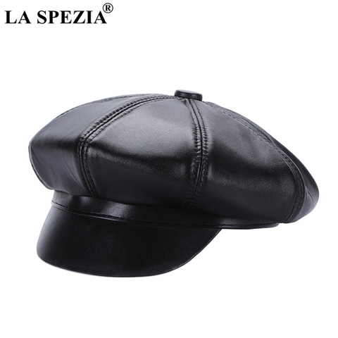 LA SPEZIA – casquette octogonale en cuir de mouton véritable pour homme et femme, casquette de journal noir, Design italien, chapeau d'automne et d'hiver ► Photo 1/6