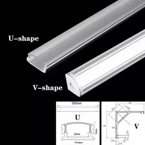 Profilé en Aluminium pour barre de lumière LED, 50CM, style U /V, pour sous-meuble, support de canal en Aluminium, couvercle Transparent/laiteux ► Photo 1/6