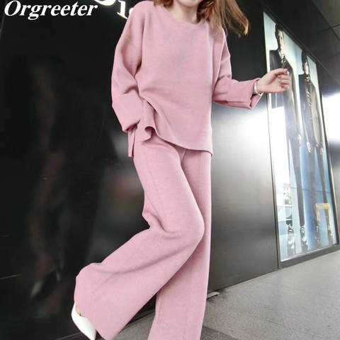 Pull tricoté à manches longues pour femme, ensemble 2 pièces, col rond, ample, tenue d'hiver, nouvelle collection automne hauts et pantalons ► Photo 1/5