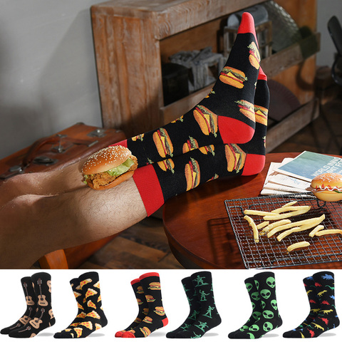 Chaussettes homme drôle grande taille Alien délicieux nourriture imprimer coloré collations Burger Pizza heureux Harajuku Skate coton Sokken ► Photo 1/6