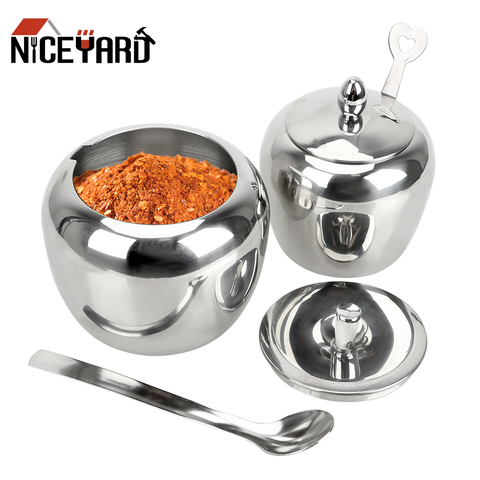 NICEYARD Pot à condiments, Pot d'assaisonnement avec couvercle et cuillère sucrier aux pommes vaisselle de table récipient à épices en acier inoxydable ► Photo 1/6