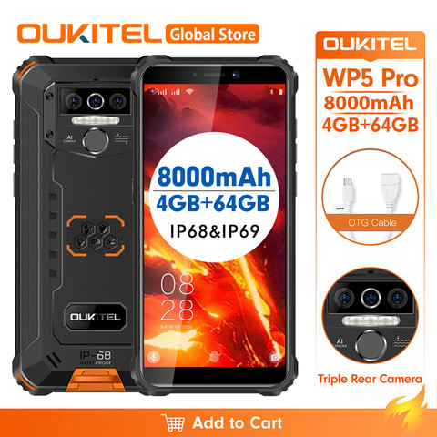 OUKITEL WP5 Pro 5.5 pouces 4GB 64GB IP68 Smartphone étanche 8000mAh Android 10 Triple caméra visage/empreinte digitale téléphone portable ► Photo 1/6