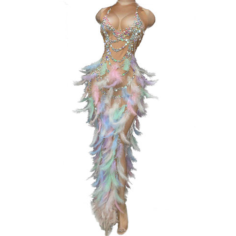 Robe de soirée en plumes et strass pour femmes, Sexy, élastique, sans manches, pour bal, fente haute, tenue de scène ► Photo 1/6