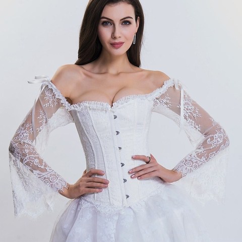 Corset gothique Steampunk à manches longues en dentelle, Bustier Sexy blanc à lacets pour fête et mariage ► Photo 1/6