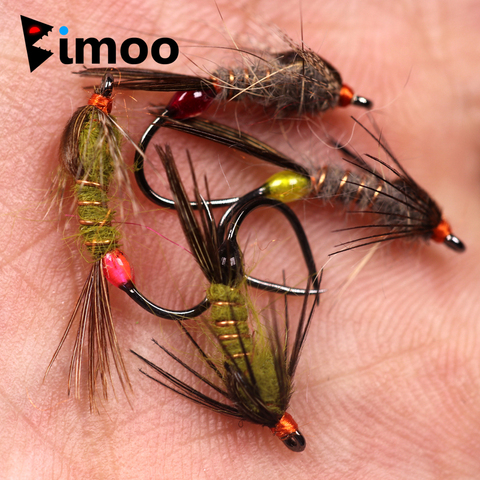 Bimoo – lot d'appâts pour la pêche, pack de leurres pour attraper des poissons tels que les nymphes, couleurs arc-en-ciel, marron, truite de ruisseau, cendrillon, Caddis, avec hameçon barboté, 6 pièces par lot, #12 ► Photo 1/5