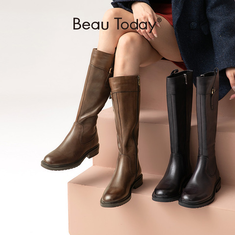 BeauToday – bottes hautes en cuir de vache pour femme, chaussures longues, fermeture éclair sur le côté, boucle en métal, bout rond, à la mode, faites à la main, 01437 ► Photo 1/6